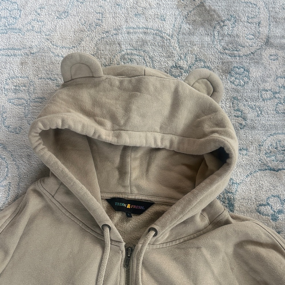 Teddy Fresh Tan Hoodie with Bear Ears Zip Up Beige Mens Unisex Size Large - Picture 3 of 9